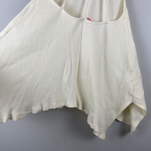 Farm Rio Tank Top Women P XS Ivory Ribbed Halter Strap Asymmetrical Beachy Flowy - Picture 9 of 11